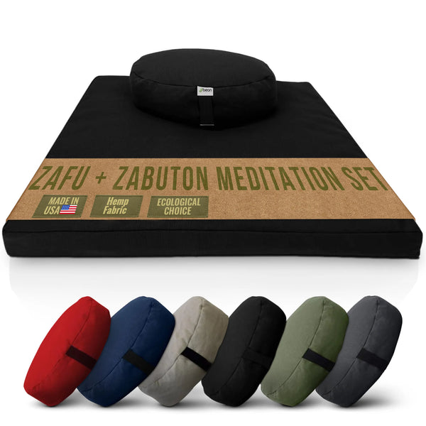 Bean Products: Hemp Meditation Cushion Set Zafu and Zabuton - Hemp fabric, Organic Buckwheat Hulls-Round / Black